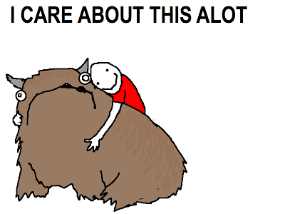 A simplistic drawing of a person embracing a large furry, horned creature with caption 'I care about this ALOT'
