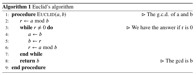 Euclid's algorithm typeset using LaTeX's algorithmicx package
